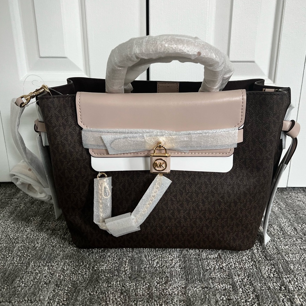 NWT MICHAEL KORS Hamilton Legacy Large Logo Belted Satchel brown logo/blush